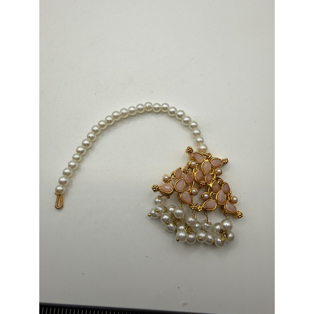 Gold Tone Peach Stone and Faux Pearl Maang Tikka Indian Bridal Hair Jewelry